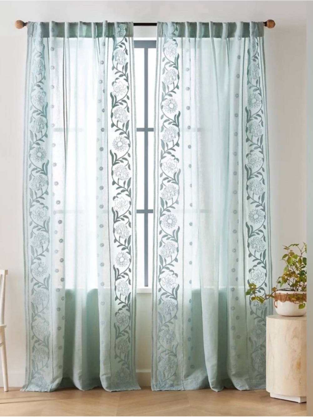 Anthropologie Manette Embroidered Cotton Linen Sheer Curtain 50x63 Blue